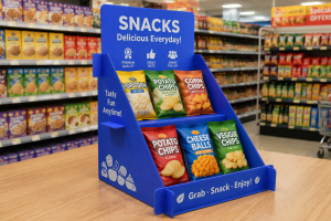 ChatGPT Image 2026年6月29日 16_30_00 Custom Printed PP Corrugated Plastic Countertop Snack Display Stand, 2-Tier Retail POP Display Rack for Supermarket Chips & Food Promotion