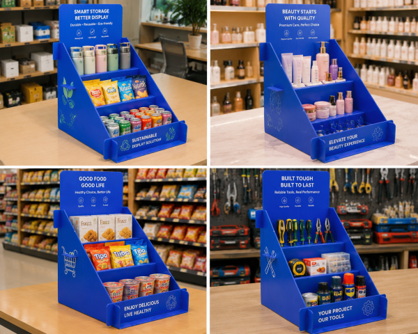 ChatGPT Image 2026年6月29日 16_31_52 Custom Printed PP Corrugated Plastic Countertop Snack Display Stand, 2-Tier Retail POP Display Rack for Supermarket Chips & Food Promotion