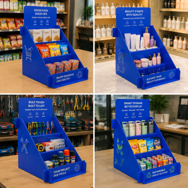 ChatGPT Image 2026年6月29日 16_34_55 Custom Printed PP Corrugated Plastic Countertop Snack Display Stand, 2-Tier Retail POP Display Rack for Supermarket Chips & Food Promotion