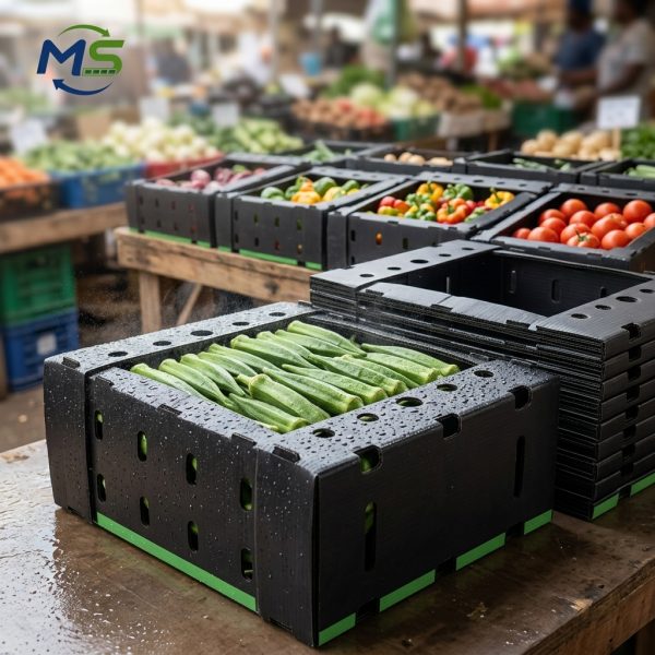 Okra Plastic Crate (1) Breathable PP Hollow Board Vegetable Circulation Box Black Corrugated Plastic Crate for Farm to Market Fresh Veggie Transport