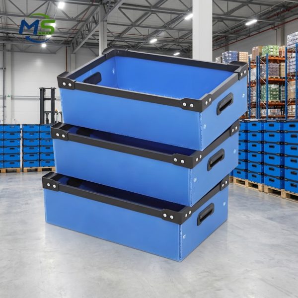 PP Corrugated Turnover Box (1) Durable Reinforced Corner PP Corrugated Turnover Crate Stackable Blue Hollow Board Box for Bulk Goods Storage in Warehouses