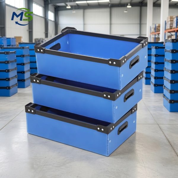 PP Corrugated Turnover Box (2) Durable Reinforced Corner PP Corrugated Turnover Crate Stackable Blue Hollow Board Box for Bulk Goods Storage in Warehouses